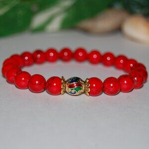 Red Howlite Bracelet,Coloful Golden Charm,8mm Stone Beads